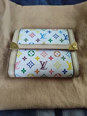 Multicolor White Monogram Compact Wallet with Gold Hardware
